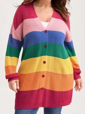 Plus Size 18 20 2X BloomChic Rainbow Stripe Oversized Button Front Long Cardigan